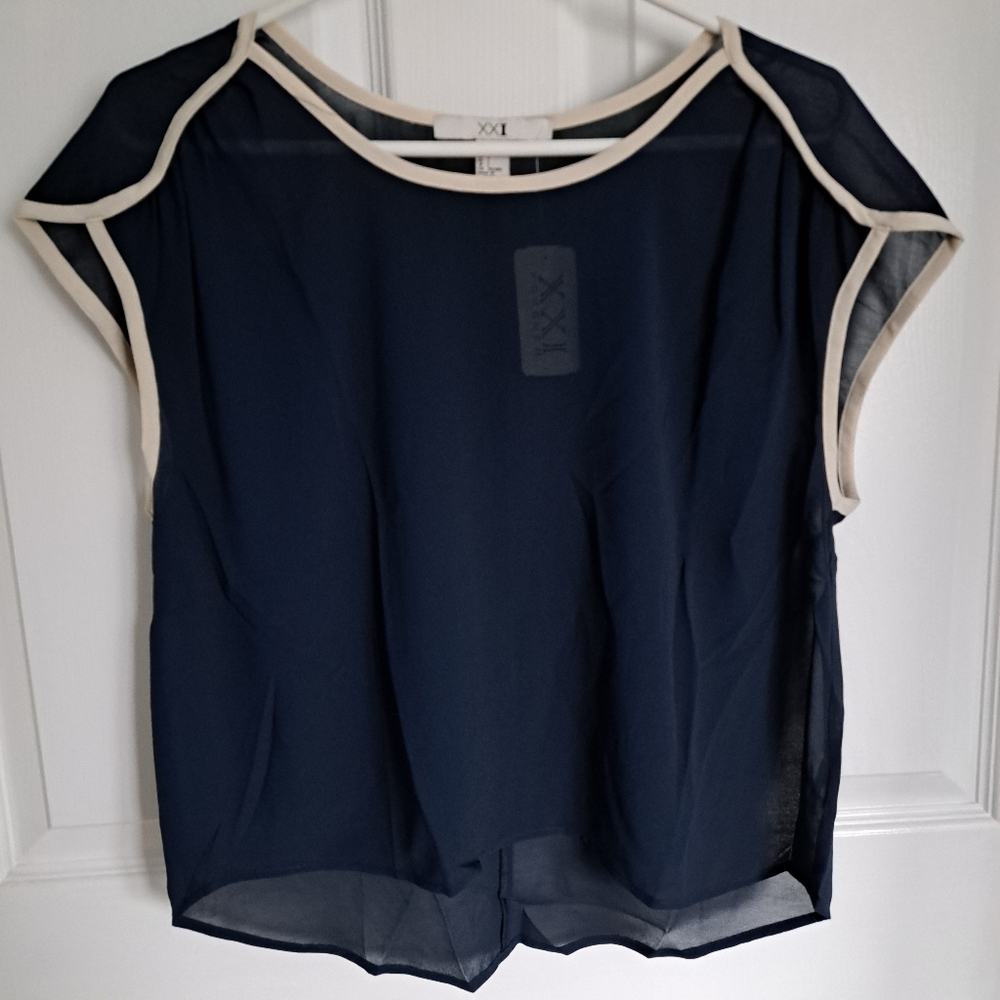 Forever 21, cream and navy blue chiffon blouse.
